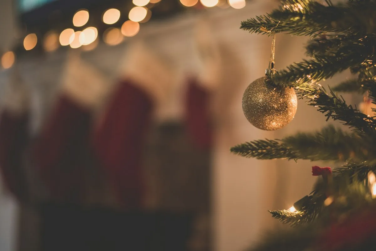 Decorated baubles hanging on a holiday tree