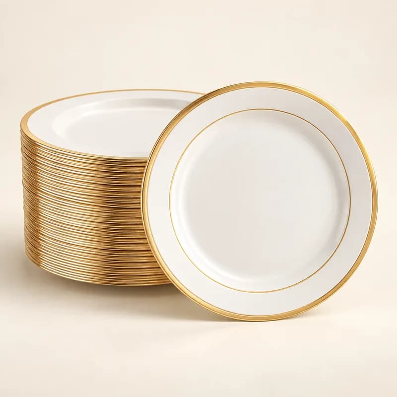Disposable Gold-Rim Dinner Plates (50 pack) — AI-generated representative illustration