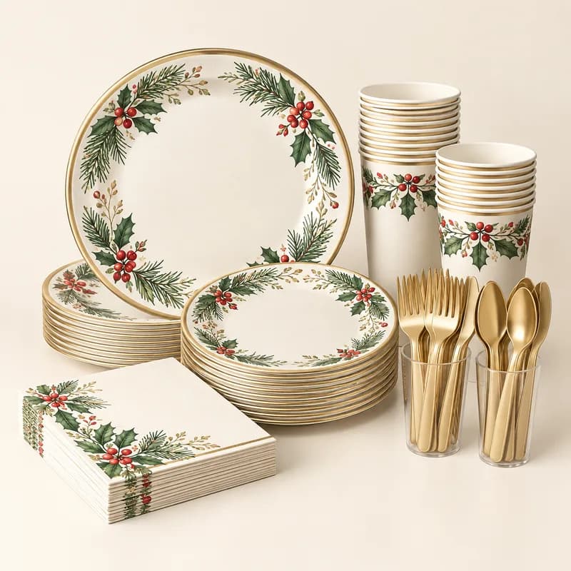 Holiday Disposable Dinnerware Set (50 guests) — AI-generated representative illustration