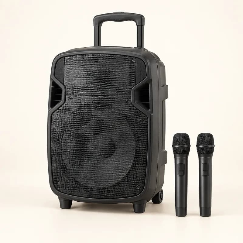 Portable PA Speaker System with Wireless Mics — AI-generated representative illustration